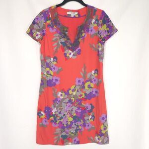 BODEN Size 4 Dress Shift SILK Blend Embellished Beaded Notched Neck Floral WA351